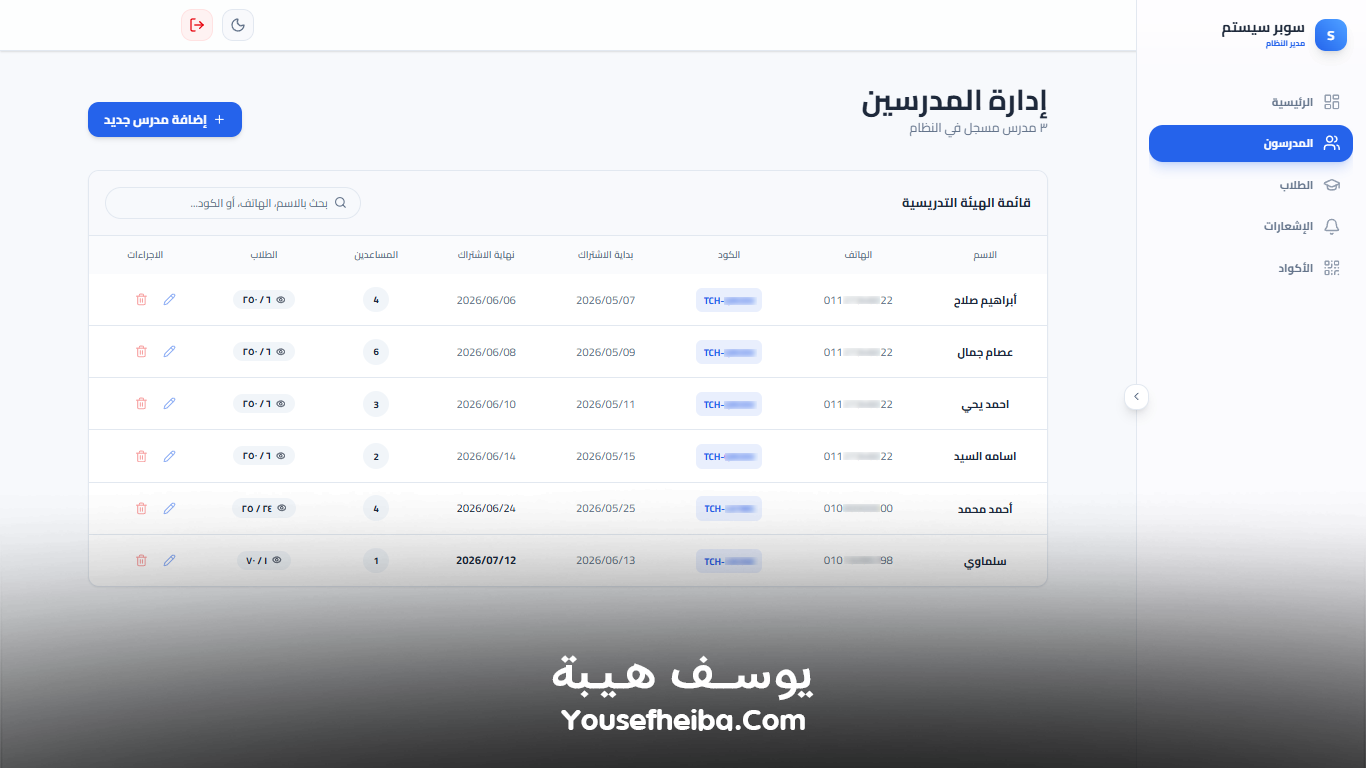 سوبر سيستم | Super System – منظومة باك إند متكاملة مكوّنه من 111 API لإدارة المدرسين والسناتر التعليمية بأربع واجهات مستقلة: الإدارة، المدرس، المساعد، وتطبيق ولي الأمر.